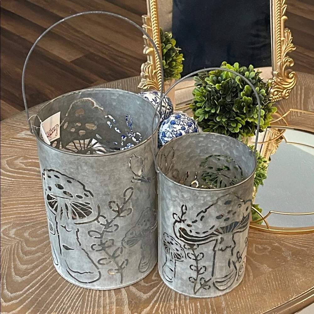 NEW! Enchanted Botanical Garden Mushroom & Butterfly Rustic Metal Lantern
